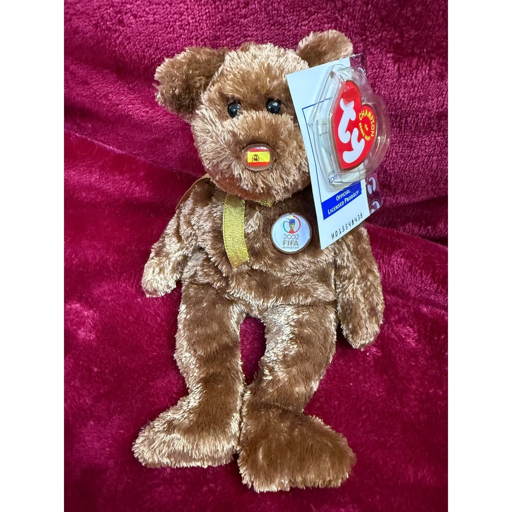 Ty Beanie Baby Spain Bear 2002 FIFA World Cup Brown NWT Champion Plush Toy